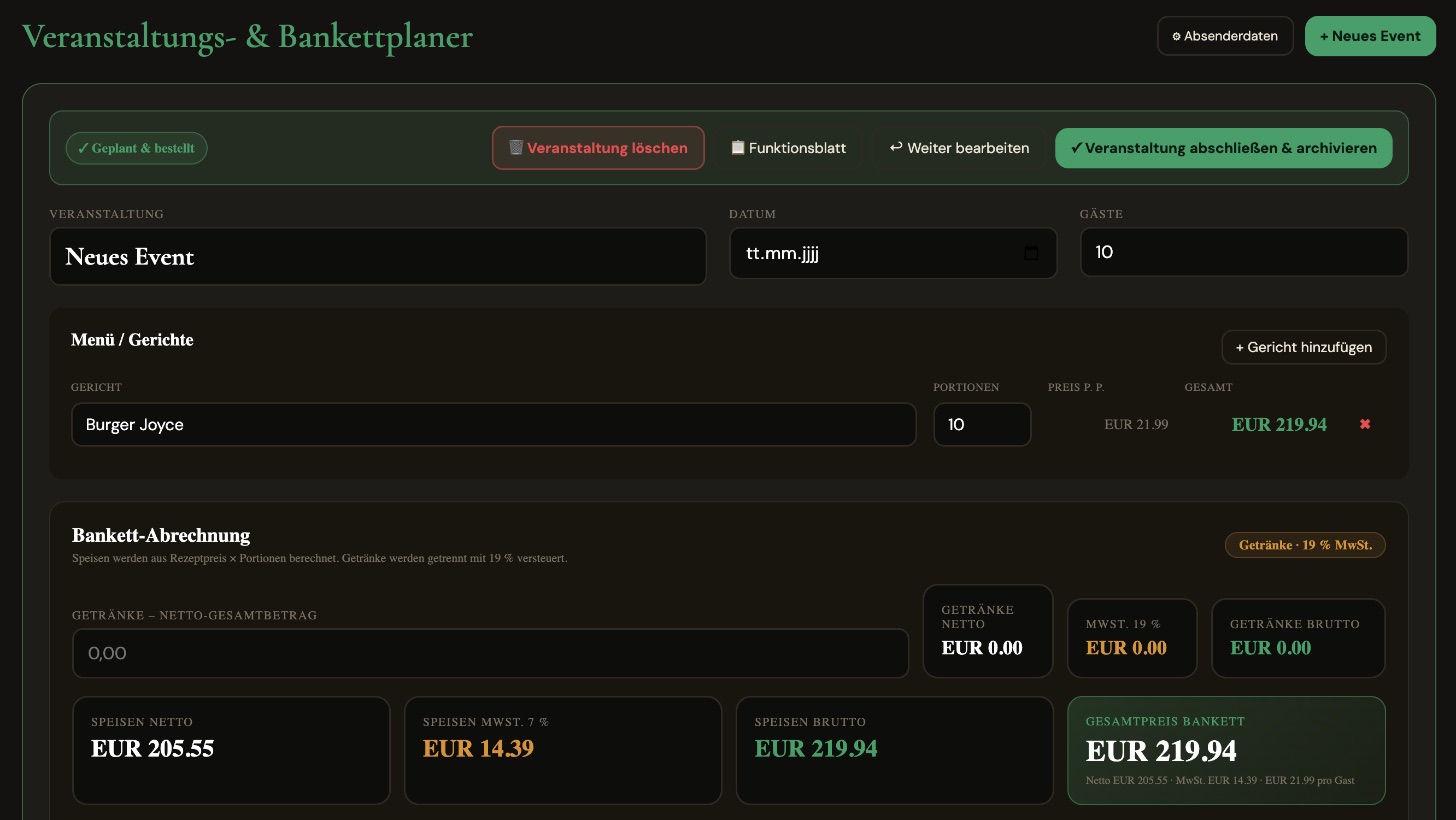 Der Bankettplaner in Chefscalc mit der Abrechnung eines Events