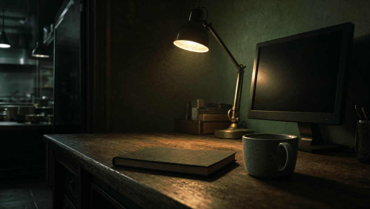 Ein Schreibtisch mit Lampe, dahinter die Küche